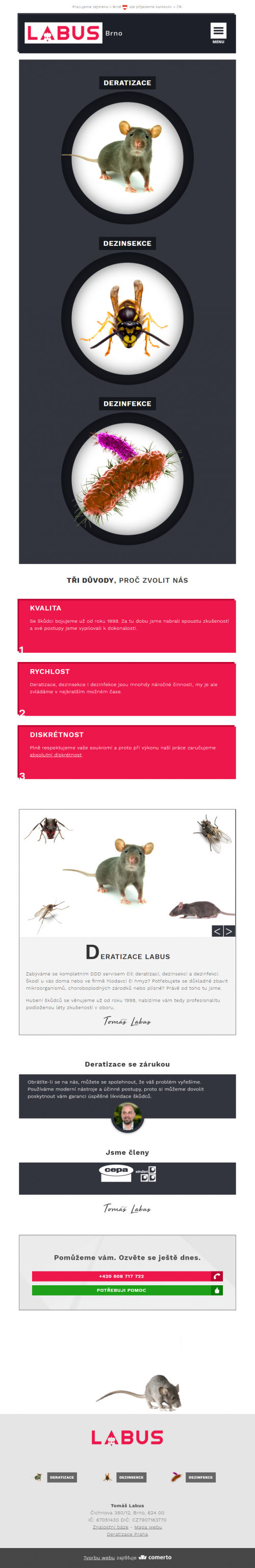 Deratizace Labus – tvorba webu - Screenshot mobilní verze