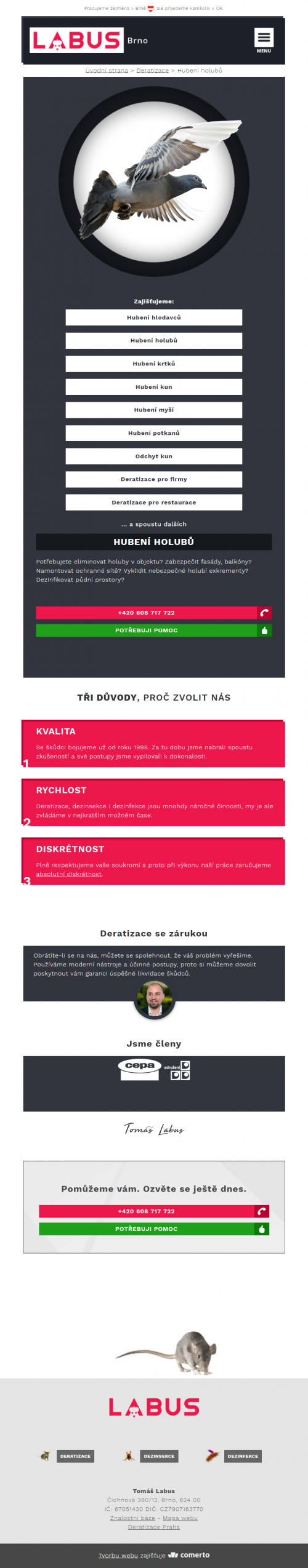 Deratizace Labus – tvorba webu - Screenshot mobilní verze