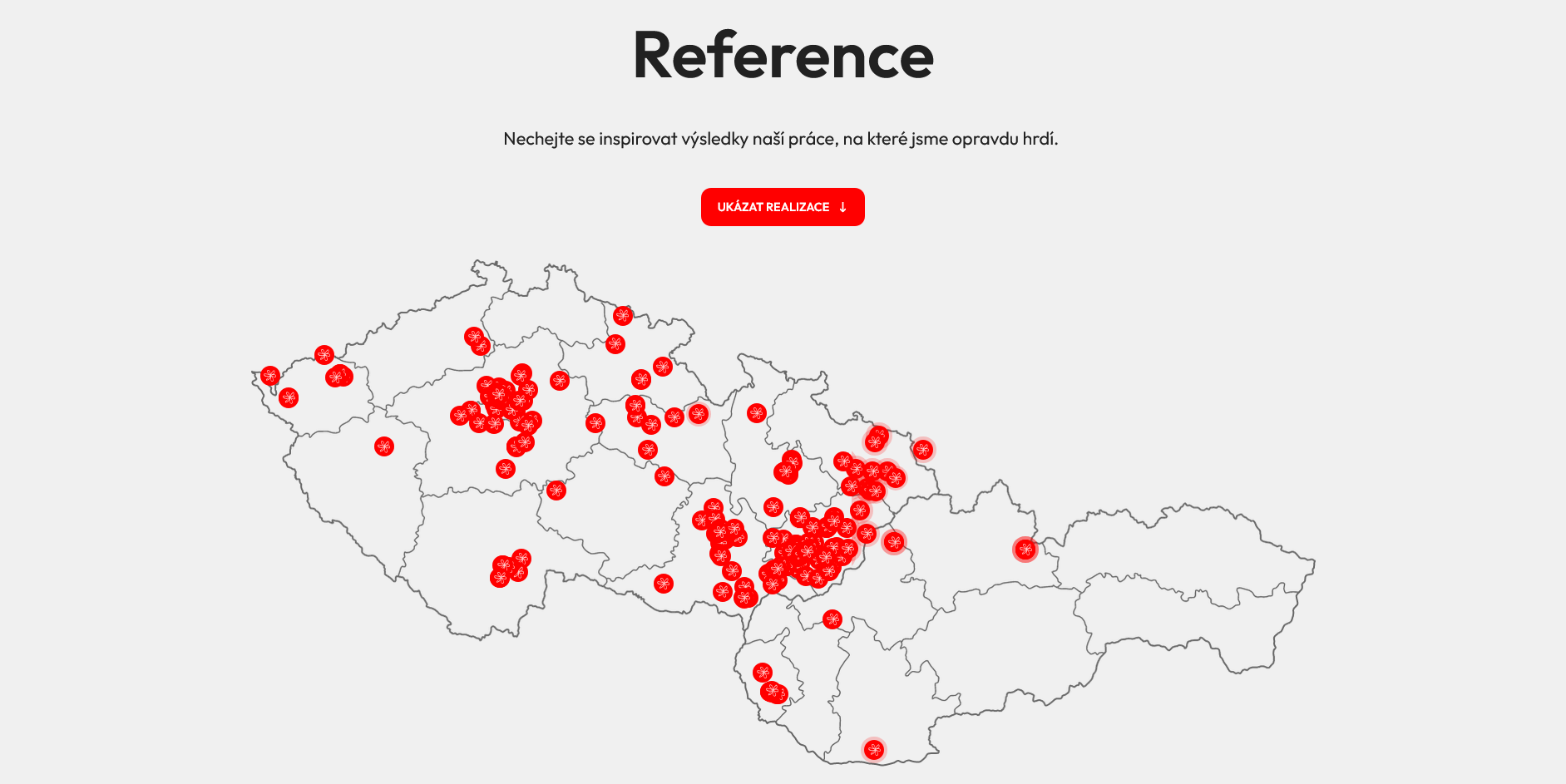 Webové stránky na míru pro firmu Presiza | Mapa referencí, která jasně a srozumitelně ukazuje mapu míst s realizacemi od Presizy