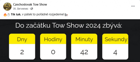 Online event marketing pro jubilejní ročník Czechoslovak Tow Show 2024 | Extrémně jednoduchý příspěvek upozorňující na bezprostředně se blížící event Czechoslovak Tow Show 2024